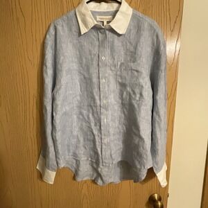 Women's Current Elliott Button Up Shirt Linen Stripes Blue White Size medium